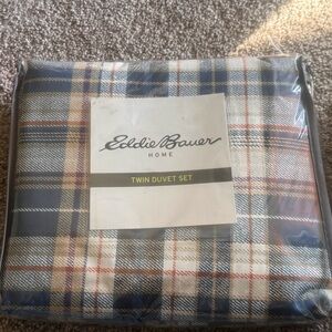 Eddie Bauer Blue and Cream Plaid Duvet Set